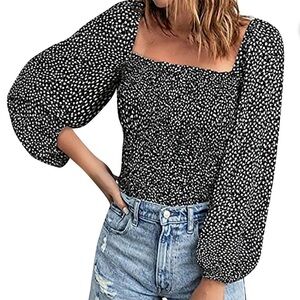 NWT Smocked Long Lantern Sleeve Floral Square Neck Top